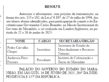 Brandão oficializa afastamento para missão na Inglaterra; Camarão assumirá Governo