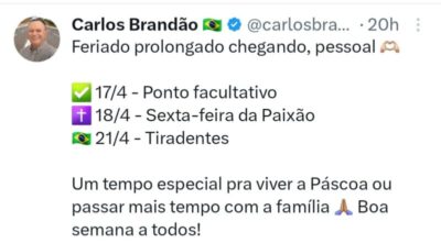 Brandão divulga feriados e pontos facultativo da Semana Santa