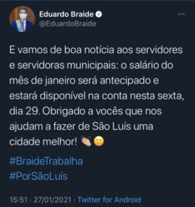 Prefeito Eduardo Braide anuncia antecipação do pagamento dos servidores de São Luís
