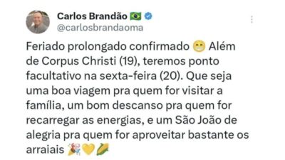 Brandão confirma feriado prolongado na próxima semana