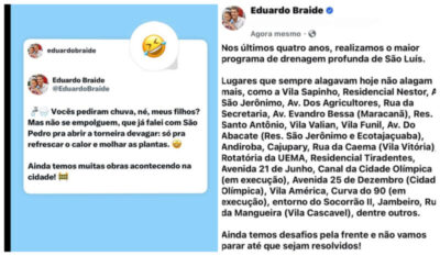 Braide faz mea cupla após gracinha sobre chuvas em São Luís