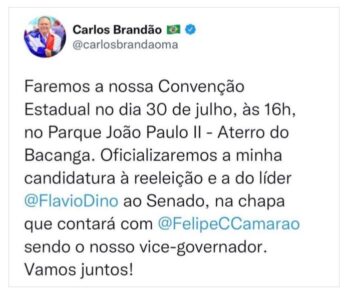 BRANDÃO ANUNCIA CONVENÇÃO PARA O DIA 30 DE JULHO NO ATERRO DO BACANGA