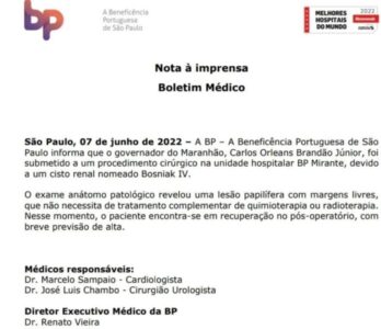 EM NOVO BOLETIM, GOVERNADOR CARLOS BRANDÃO TEM “BREVE PREVISÃO DE ALTA”