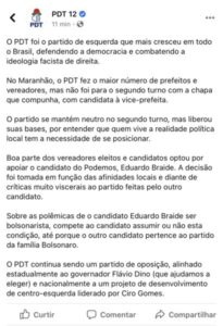 PDT Nacional emite nota e diz que partido se mantém neutro nas eleições do segundo turno em São Luís