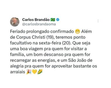 Governador confirma feriado prolongado no Maranhão com ponto facultativo no dia 20 de junho