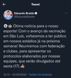 Ótima notícia! Eduardo Braide anuncia a volta de torcida nos estádios em São Luís