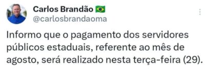 Brandão divulga data de pagamento dos servidores