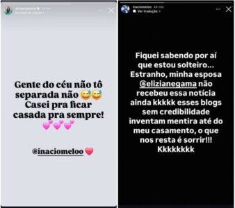 Eliziana Gama e Inácio Melo publicam storys e negam separação