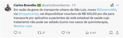 Brandão anuncia créditos de R$ 100 de transporte a pacientes de tratamentos inadiáveis durante greve de ônibus