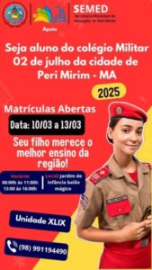 Colégio Militar 2 de Julho de Peri Mirim abre inscrições nesta segunda-feira (10)