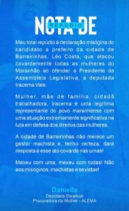 Daniella e Abigail Cunha repudiam ataque de Léo Costa a Iracema Vale