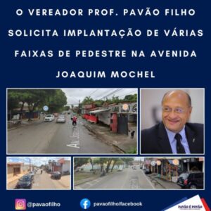 VEREADOR PROF. PAVÃO FILHO SOLICITA IMPLANTAÇÃO DE VÁRIAS FAIXAS DE PEDESTRE NA AVENIDA JOAQUIM MOCHEL