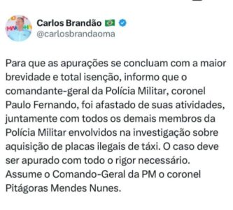 Governador Carlos Brandão afasta polícias militares denunciados no Fantástico para apuração de caso de placas