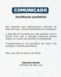 Após perder o comando do Podemos por falta de habilidade política, Braide anuncia sua desfiliação