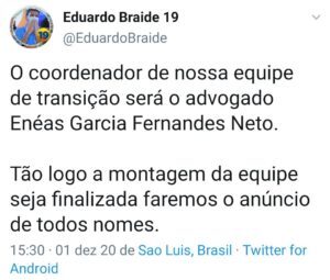 Eduardo Braide anuncia primeiro nome e coordenador da equipe de transição
