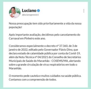 Prefeito de Pinheiro, Luciano Genésio, anuncia cancelamento do carnaval