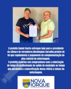 Prefeito Daniel Castro entrega ao presidente da Câmara, PL para complementação e pagamento do piso da enfermagem em Nova Iorque