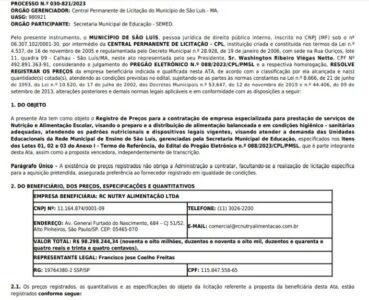 Prefeitura de São Luís contrata empresa paulista por R$ 98 milhões para prestar serviço de nutrição e alimentação escolar