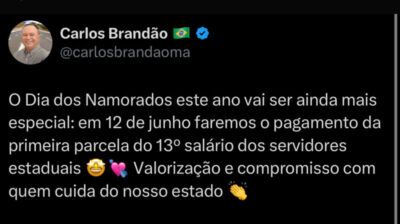 Brandão anuncia antecipação da primeira parcela do 13º salário para servidores estaduais