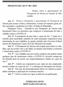 Othelino propõe adoção de passaporte vacinal para entrada em bares, festas,  restaurantes e eventos em geral