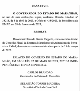 Brandão reconduz Ricardo Cappelli ao Conselho Fiscal da Emap