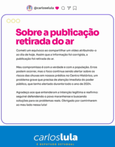 Após descobrir erro, Carlos Lula age corretamente e apaga post
