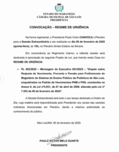 PV convoca sessão extraordinária para votar aumento de professores