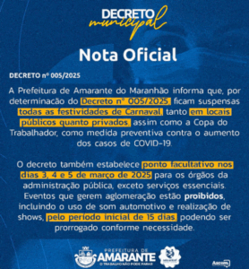 Prefeitura de Amarante do MA cancela Carnaval por conta da Covid-19