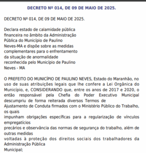 Prefeitura do MA decreta estado de calamidade pública financeira após bloqueio de R$ 11,8 milhões
