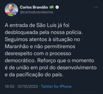 Brandão informa que já garantiu o desbloqueio da entrada de São Luís, após protesto de bolsonaristas