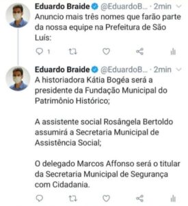 Eduardo Braide anuncia mais três nomes da sua equipe de governo