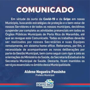 PREFEITURA DE PORTO RICO SUSPENDER ATIVIDADES PRESENCIAIS NO MUNICÍPIO