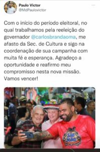 Paulo Victor deixa o cargo de Secretário de Estado de Cultura