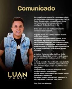 BANDA MESA DE BAR: A PRINCIPAL VOZ, LUAN COSTA ANUNCIA QUE NÃO FAZ MAIS PARTE DA BANDA