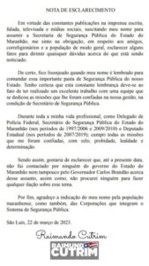 RAIMUNDO CUTRIM EMITE NOTA DE ESCLARECIMENTO SOBRE RUMORES DO SEU NOME PARA SECRETARIA DE SEGURANÇA PÚBLICA DO MARANHÃO