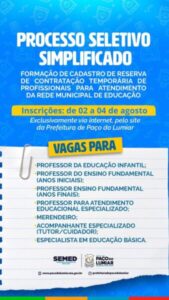 PREFEITURA DE PAÇO DO LUMIAR ABRE PROCESSO SELETIVO PARA FORMAÇÃO DE CADASTRO TEMPORÁRIO NA REDE MUNICIPAL DE EDUCAÇÃO