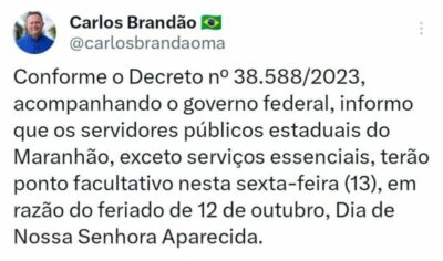 Governador Brandão anuncia ponto facultativo na próxima sexta-feira (13)