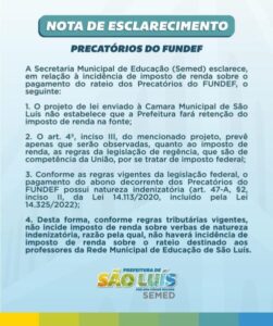 NOTA DE ESCLARECIMENTO SOBRE DESCONTO DE 27,5% PRECATÓRIO FUNDEF