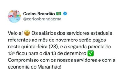 Brandão anuncia pagamento de salários de novembro e 13º