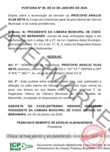 Câmara Municipal de Codó comete erro em publicação de documento com nomeação de Procópio Neto para Controladoria Geral