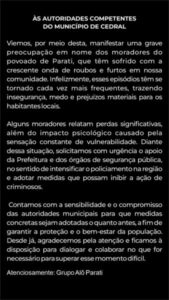 GRUPO ALÔ PARATI PUBLICA CARTA ABERTA EM REPÚDIO À FALTA DE SEGURANÇA NO POVOADO PARATI EM CEDRAL-MA.