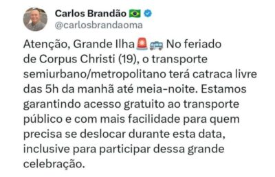 Brandão garante transporte gratuito na Grande Ilha durante o Corpus Christi