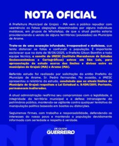 Prefeito de Arame desmente Gilson Bomfim sobre disputa de território com Grajaú