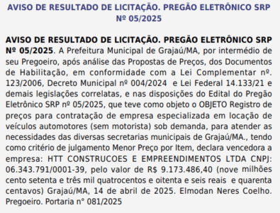 Construtora vence pregão de R$ 9,1 milhões para fornecer veículos à prefeitura de Grajaú