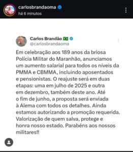 Bandão anuncia reajuste salarial para PMs e bombeiros do Maranhão