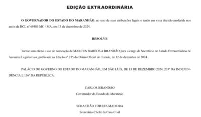 Cumprindo de forma imediata decisão de Alexandre de Moraes, Governo do Maranhão publica edição extraordinária do Diário Oficial com exoneração de Marcus Brandão
