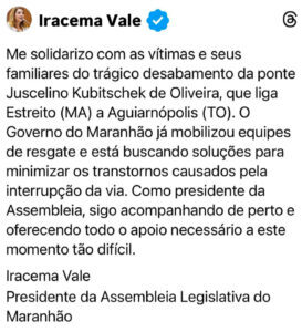 Presidente da Assembleia Legislativa do Maranhão, Iracema Vale, manifesta solidariedade às vítimas do desabamento da ponte entre Estreito e Aguiarnópolis