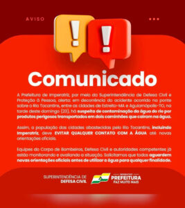 Prefeitura de Imperatriz alerta população sobre suspeita de contaminação no Rio Tocantins