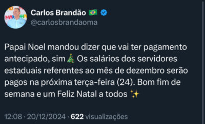 Governo do Maranhão anuncia pagamento antecipado dos servidores estaduais para 24 de dezembro