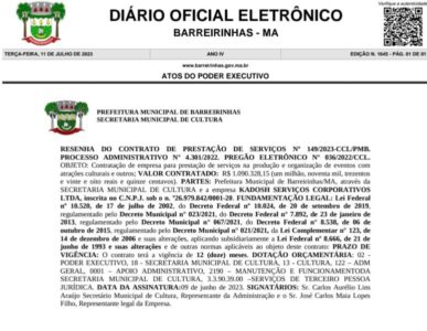 Em estado de contingência financeira, Prefeitura de Barreirinhas contrata empresa por mais de R$ 1 milhão para realizar festas